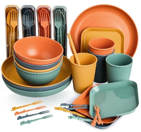 Sour Lemon 52-Piece Unbreakable Dinnerware Set - Lightweight Colorful Plastic Camping Plates, Bowls, Cups, Cutlery Set, Straw, Forks