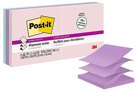 Post-it Super Sticky Dispenser Pop-Up Notes, 3 x 3, Wanderlust Pastels Collection, 90 Sheets Per Pad, Pack of 6 Pad, Pink Salt; Orchid Frost; Fresh Mint