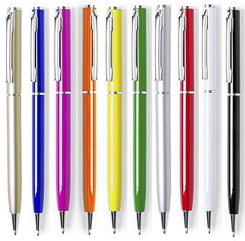 noTrash2003 10er Set Metall-Kugelschreiber Aluminium in schlanker Form, eleganter Drehkugelschreiber für Büro und Arbeitsplatz Silber Gold Schwarz Weiss Gelb Blau Rot Orange Pink Grün (Farbmix)
