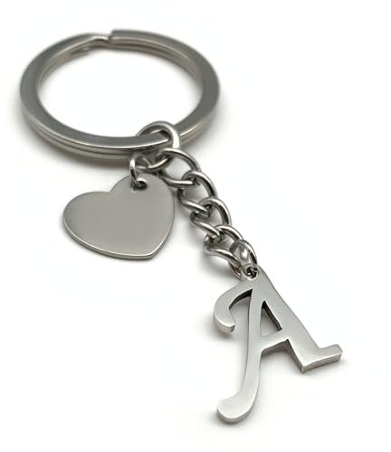 Porte-clés Lettre avec coeur | Lettres A-Z | Fait à la main | Pendentif en acier inoxydable | Nom cadeau initial partenaire anniversaire petit ami petite amie mère père (A)