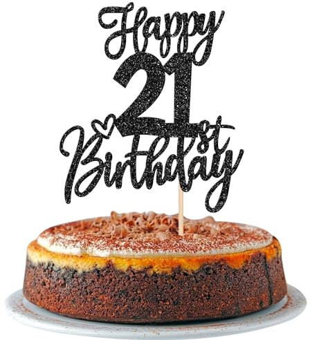 SYKYCTCY 1 Pack Happy 21st Birthday Cake Topper Black Glitter Cheers to 21 Years Birthday Cake Pick 21 Fabulous Cake Decoration for Happy Birthday Theme Anniversary Party Supplies