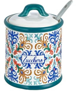 Baroni Home Sucrier décoré en céramique avec couvercle et cuillère inclus, accessoire de cuisine coloré résistant, ligne Capri, 8 x 8 x 10 cm