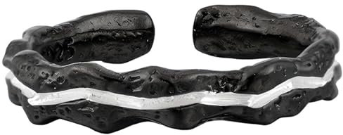 NicoWerk Damen Silberring schwarz aus 925 Sterling Silber Gehämmert mit Struktur Schmal Verstellbar Offen SRI988