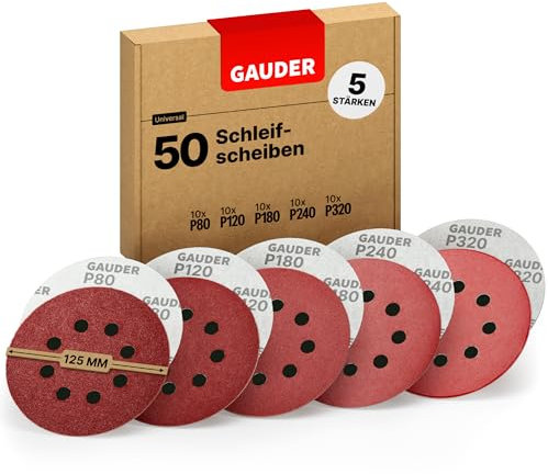 GAUDER Set de Discos Abrasivos para Lijadora Orbital Ø 125mm - Papel de Lija de Gancho y Bucle - 8 Agujeros Discos Redondos - Almohadillas de Lijado (50 Piezas - 10x Cada Grano 80/120/180/240/320)