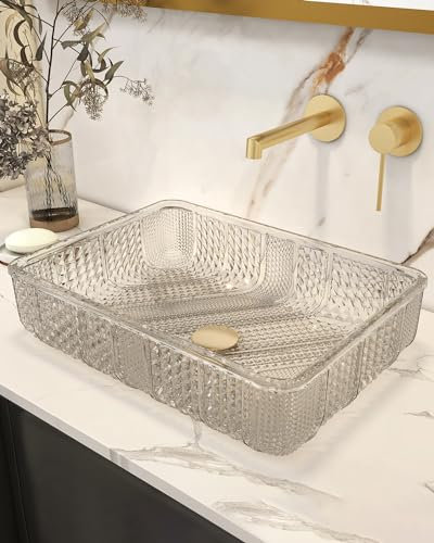 Homary Rectangle Vessel Sink, 18.1 x 13 Diamond Clear Crystal Glass Bathroom Sink Above Counter Basin with Pop-up Drain, Transparent Glass Vessel Sinks for Bathroom Vanity