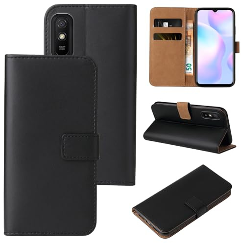 LBH Handyhülle für Xiaomi Redmi 9A mit Karten- und Geldfach Smartphone Hülle mit Standfunktion Flip Case Wallet Schutzhülle Magnetverschluss Schwarz