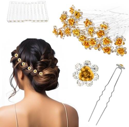 UHONEMY 25pcs Bridal Wedding Hair Pins with Crystal Rose Flower Crystal Diamante Rose Flower Rhinestone Hair Pins Clips for Bridal Wedding Women Hair Jewelry Accessories (Gold)