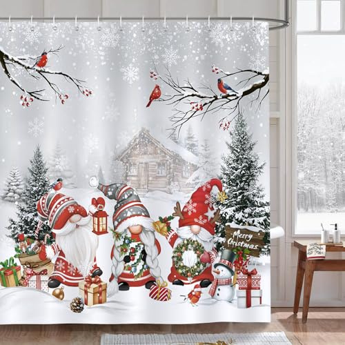 Bonhause Tenda Doccia Natale Gnomi Pino Nevoso Cardinale Inverno Grigio Vacanze Invernali Tende per Doccia in Poliestere Impermeabile Antimuffa Lavabile Tende Bagno 180 x 180 cm con 12 Ganci