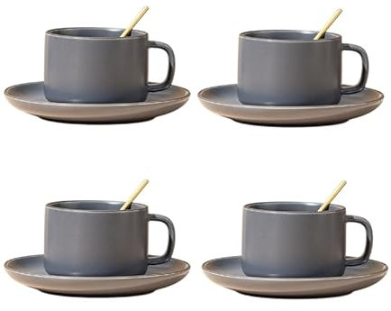 Modern Ceramic Coffee Cup Set of 4-250ml Minimalist Cups & Saucers with Spoon, Microwave & Dishwasher Safe, Ideal for Afternoon Tea, Cappuccino, Flat White Coffee or Office Use (4, Grey)