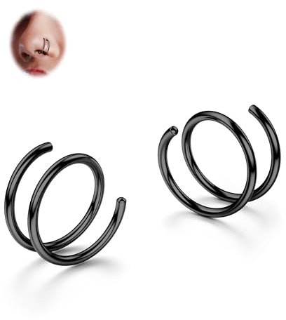 BodyBonita 2 Stück Weicher Nasenring aus Edelstahl 316L mit Doppelkreole für Einzel Piercing 18G Biegsame Gedrehte Spiral Piercing Ring für Damen Männer 8 mm Schwarz