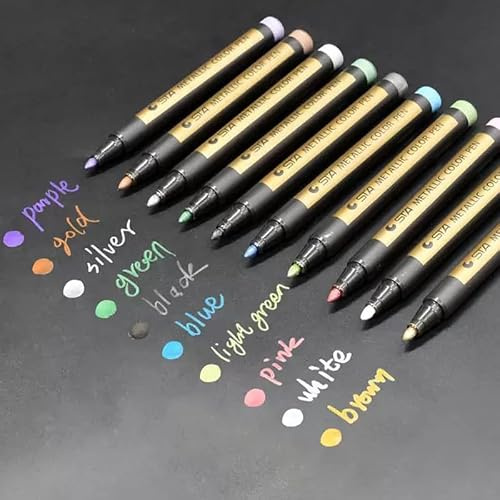 Foneso Metallic Stifte, 10 Farben Metallische Marker Set | für Fotoalbum, DIY Scrapbook, Gästebuch Hochzeit, Schwarzes Papier, Stein, Glas und Holz (Mittelspitze)