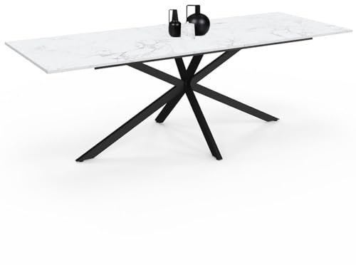 IDMarket - Esstisch, ausziehbar, rechteckig, Alix, 8-12 Personen, Spinnenfuß, Schwarz, Platte mit Marmor-Effekt, Weiß, Alaska, 200 – 240 cm
