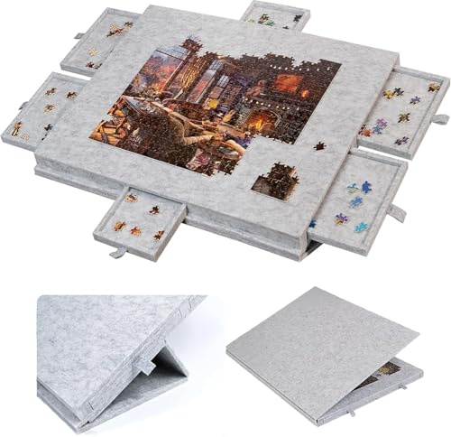 Qinyuyang Kippbares Puzzlebrett für 1000 Teile mit 6 Sortierschalen Leichte Puzzlematte aus Filz Tragbarer Puzzletisch für Erwachsene rutschfeste Puzzle-Aufbewahrung, Light Gray