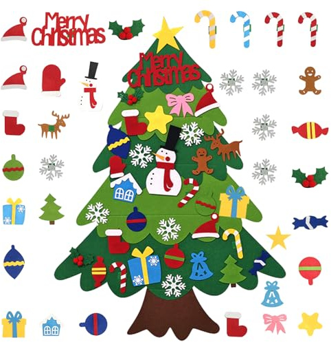 QDUODUO Felt Christmas Tree for Kids & Toddlers, 3ft DIY Felt Xmas Tree Set with Velcro und 34 Removable Ornaments for Door Wall Hanging, Creative Xmas Decorations Kit & Craft Activities for Children