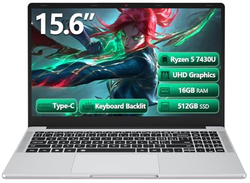 PC Portatile Ryzen 5 7430U(6 core/12 thread), 16GB RAM 512GB SSD, Win 11 Laptop 15.6 FHD 1920x1080, Scheda Grafica Radeon, Computer Portatile Tastiera Retroilluminata, Type-C, HDMI, USB 3.0, BT5.1