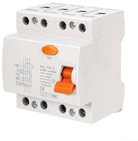 Disjoncteur de type B 40 A/63 A 30 mA 4 broches RCD sensibilité tout-courant Montage sur rail pour stations de charge et prises triphasées, boîtier ignifuge blanc (4P-40A-30mA)