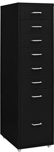 QJBSAVVA Metall Aktenschrank Schwarz 28×41×109 cm, 8-Schubladen Rollcontainer, 45 kg, Büroschrank mit Rädern