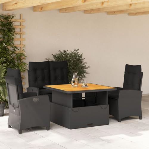 Holamys 4-TLG. Garten-Essgruppe mit Kissen Schwarz Poly Rattan, verstellbare Stühle & Bank, höhenverstellbarer Tisch, UV-beständig, für Terrasse, Balkon, Essbereich im Freien