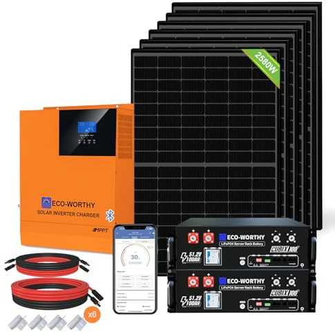 ECO-WORTHY 2580W 48V Solaranlage Komplettset mit 48V 100Ah V3 Server Rack Batterie,6 * 430W Solarpanel System für Netzunabhängige mit 48V 5000W Hybrid Inverter Energiespeicher Stromversorgungskit