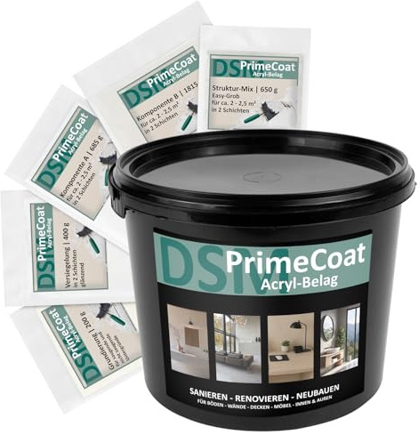 DSM PrimeCoat Acryl-Belag Spachtelmasse für fugenlose Dusche & Bad – Set für ca. 4-5 m², M03 Sandbeige, inkl. Strukturmix Easy Grob – für Wand, Boden, Möbel – Mikrozement Alternative