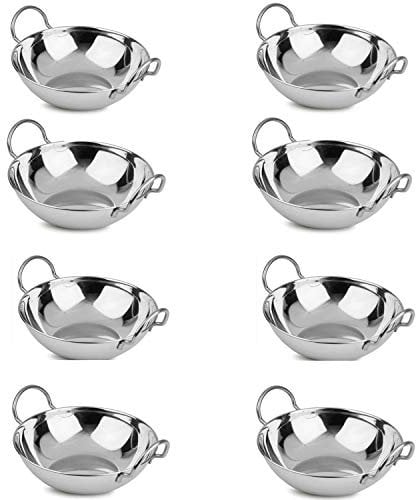 Set of 8 - Stainless Steel Balti Dishes Karahi Curry Deep Serving Indian Dishes Bowls with Handle - 16 cm