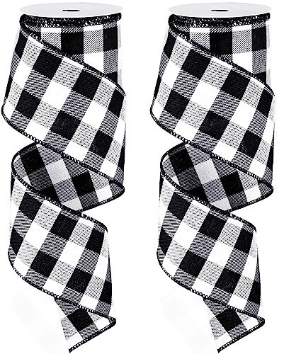 Waline 2 Rolls Wired Edge Plaid Ribbon - Buffalo Check, White Black Plaid, 2.5 Wide Farmhouse Craft Ribbon for DIY Gift Wrapping, Wreath, Xmas Tree Bow Decoration, 10 Yard