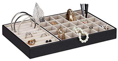 Relaxdays Schmucktablett für Damen, Schmuckkasten inklusive Ringbox, Schmucklade flach, 30 Fächer, Samt, schwarz