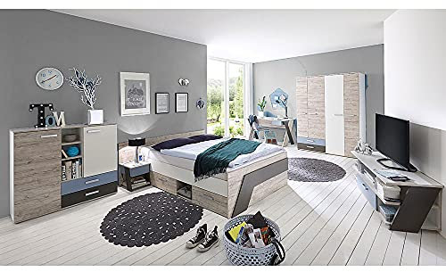 Jugendzimmer Kinderzimmer Komplett Set, Sandeiche mit weiß Lava blau, 140 x 200 cm Jugendbett, Kleiderschrank, Nachttisch, Kommode, TV Lowboard, Schreibtisch