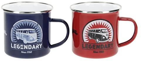 BRISA VW Collection - Volkswagen 2er Set Emaille Kaffee-Tee-Cappuccino-Tasse-Becher-Haferl Mug für Camping & Outdoor T1 Bus (350 ml x2/Rot & Blau)