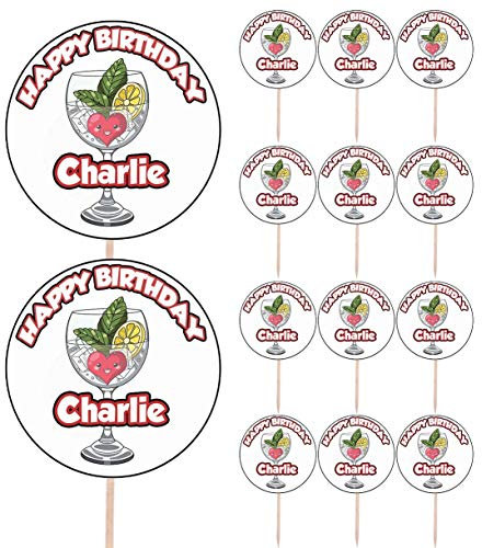 AK Giftshop Personalised Gin & Tonic Birthday Food & Cupcake Toppers Picks Flags Party Decorations - (pack of 14)