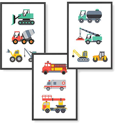 Himmelzucker Premium Wandbilder 3er set für Kinderzimmer Babyzimmer Poster DIN A4 Kinder Kinderposter Junge Mädchen Dekoration Bilder Autos Fahrzeuge Feuerwehrauto (Fahrzeuge)(A4 ohne Rahmen)