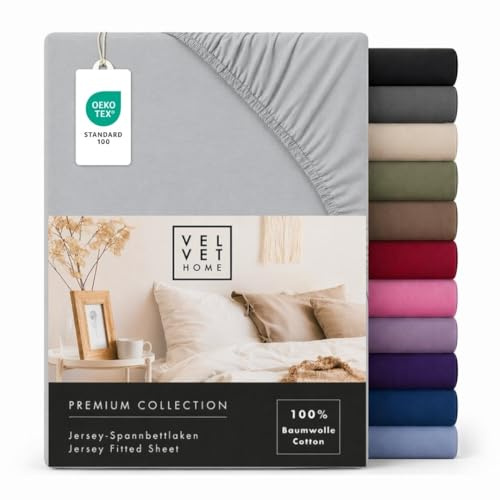 VelvetHome Spannbettlaken 200x200 cm Jersey 100% Baumwolle, Hell-grau | Spannbetttuch 200x200 für Matratzen & Topper bis 25 cm, gekämmte Baumwolle, OEKO-TEX, weich atmungsaktiv bügelfrei elastisch
