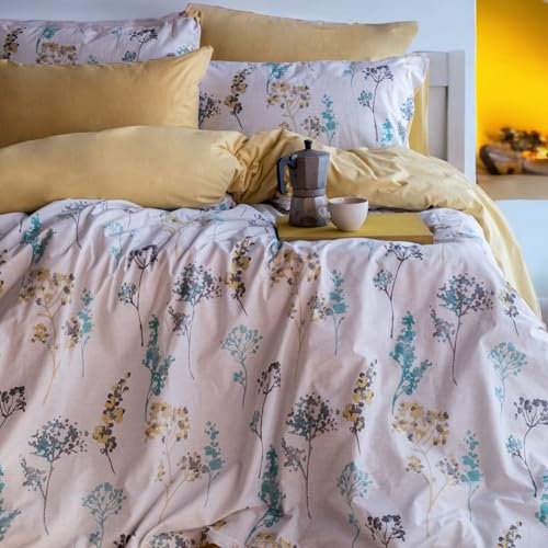 LERUUM Cotton Duvet Cover Set King Size Floral Bedding Reversible Yellow Solid & Spring Floral Quilt Cover Bed Set with Pillowcases (Kingsize Bedding)