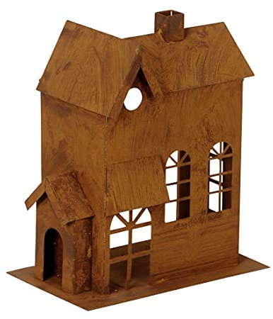 dekorative Garten-Laterne Tisch-Laterne Garten-Windlicht aus Metall edelrostig in Haus-Form