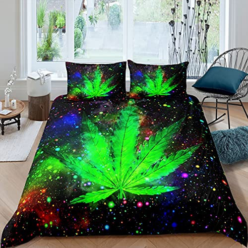 Marihuana Blatt Bettbezug 135x200, Galaxy Cannabis Gras Pflanzen Bettwäsche Set, Grünes Cannabis Leaf Kinder Jugendliche Erwachsene, bunter Himmel Sternenhimmel Schlafzimmer Dekoration 2 Stücke