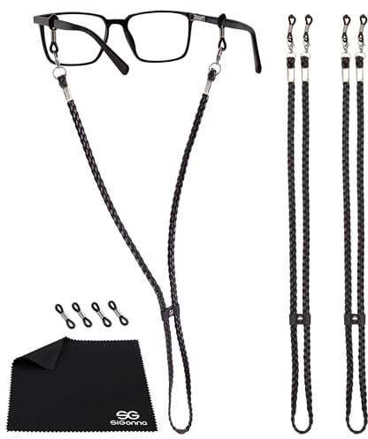 SIGONNA Brillenbandhalter – Premium-Eco-Leder-Glasband – Augenglas-Kettenhalter zum Tragen – Brillenkette für Mann und Frau – Brillenband – 2 Kordeln (schwarz)