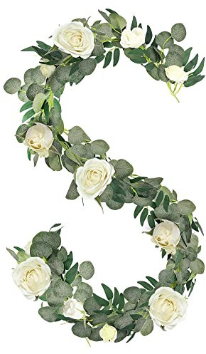MILEEO Efeu Künstlich, Künstliche Eukalyptus Girlande Silberdollar Eukalyptusblätter mit Weidenreben-Zweigen Blättern Seidenweiße Rose Faux Pflanze Deko für Küchen Garten Büro Hochzeit Wanddekoration