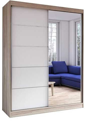Fabryka Mebli Idźczak Kleiderschrank mit Spiegel, Schiebetüren - Schwebetürenschrank, Schlafzimmerschrank - 61 x 150 x 200 cm - Schrank für Schlafzimmer, Ankleidezimmer, Garderobe - Weiß, Sonoma