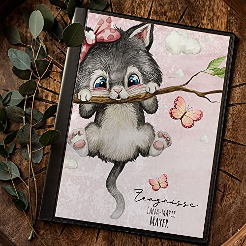 Zeugnismappe mit 10 Folien Katze Kätzchen auf Ast Schmetterlinge personalisierbar Schulanfang Schulanfänger Einschulung Wunschname Name zm07 - ausgewählte Größe: *Zeugnismappe 10 Folien*