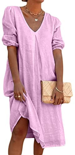 ORANDESIGNE Robe Femme Lin Ete Manche Courte Robe Tunique Chic Col V Fluide Décontractée Ample Couleur Unie T-Shirt Robe Midi De Plage A Rose L