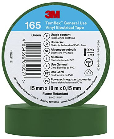 3M Temflex Cinta eléctrica de vinilo 165, verde, 15 mm x 10 m, 100 rollos/caja