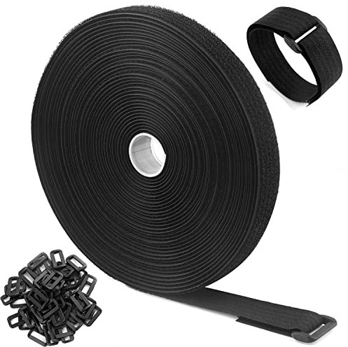WSZJINB 10m x 2.5cm Adjustable Cable Straps with 50 Buckles, Free Cut Length, Black Reusable Fastening Cable Ties, Hook and Loop Securing Strap for Cable Tidy, Wire Management, Cord Organiser