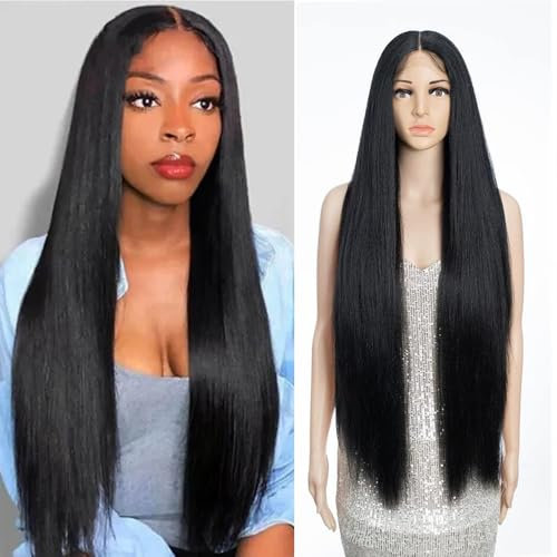 FASHION IDOL 95cm Super lange gerade Perücken Lace Front Perücken für Frauen 11cm tiefer Mittelteil Perücke YAKI Synthetische Perücke
