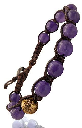 Samsara - Bracciale Tibetano Buddista Shamballa | Ametista per Equilibrio e Serenità | Filo Regolabile | Perline Naturali | Cotone Cerato | Tamashii, Marrone e Oro, Taglia Unica