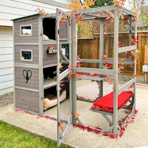 Akinerri Outdoor Cat House Catio 4 Tiers Cat Enclosures 177.8cm H 195.6cm L Large Cat Cage for Outdoor Indoor Cats Weatherproof Roof 3 Resting Rooms 3 Platforms 5 Windows, ‎grey