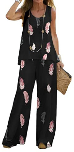 shownicer Leinen Zweiteiler Damen Hose und Tank Top Frauen 2 Teiler Anzug Hosenanzug Elegant Set Sommer Freizeitanzug Casual Einfarbig Leinenanzug Outfit A Schwarz01 S
