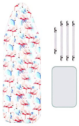 Treer Ironing Board Cover, Drawstring Tightening Scorch Resistant Padding Ironing Board Covers,Include Protective Scorch Mesh Cloth and 4 Fasteners (140x50cm,flamingo on white)
