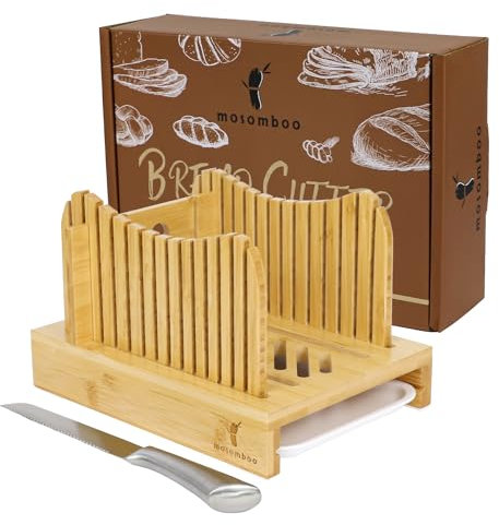 Mosomboo Bamboo Bread Slicer - Foldable Compact Bread Cutting Guide With Serrated Knife & Crumb Tray