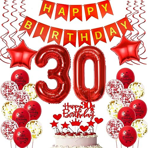 Deko 30. Geburtstag Frauen Rot - Luftballons, Folienballon, Tortendeko für 30 Jahre Feier