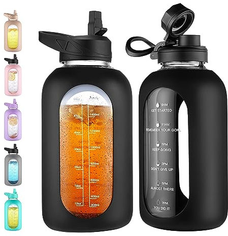 CIVAGO 64 oz Glass Water Bottle Jug with Straw and Handle, Half Gallon Sports Motivational Water Bottle with Time Marker, Wide Mouth Flask Canteen with Silicone Sleeve for Gym, Black